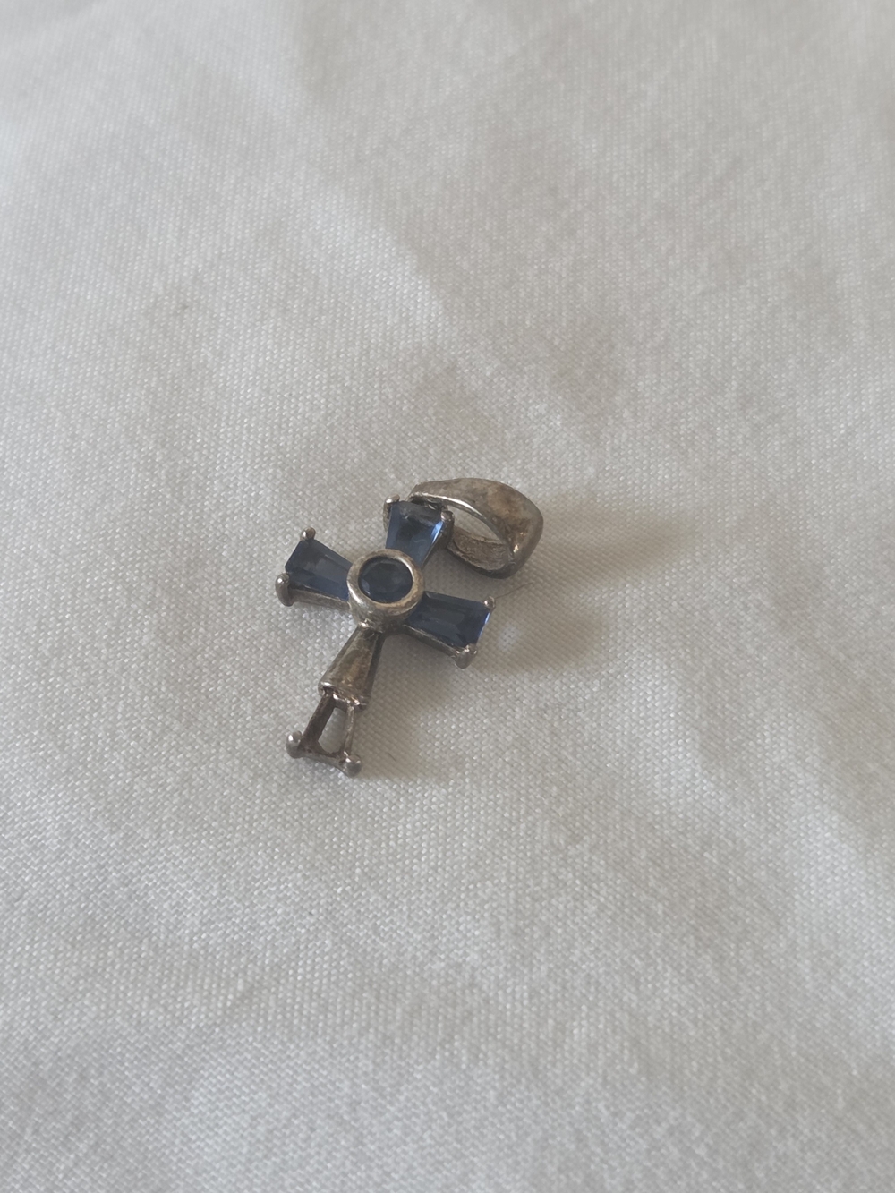 Vintage 925 Sterling Silver Blue Gemstone Cross Pendant Charm
